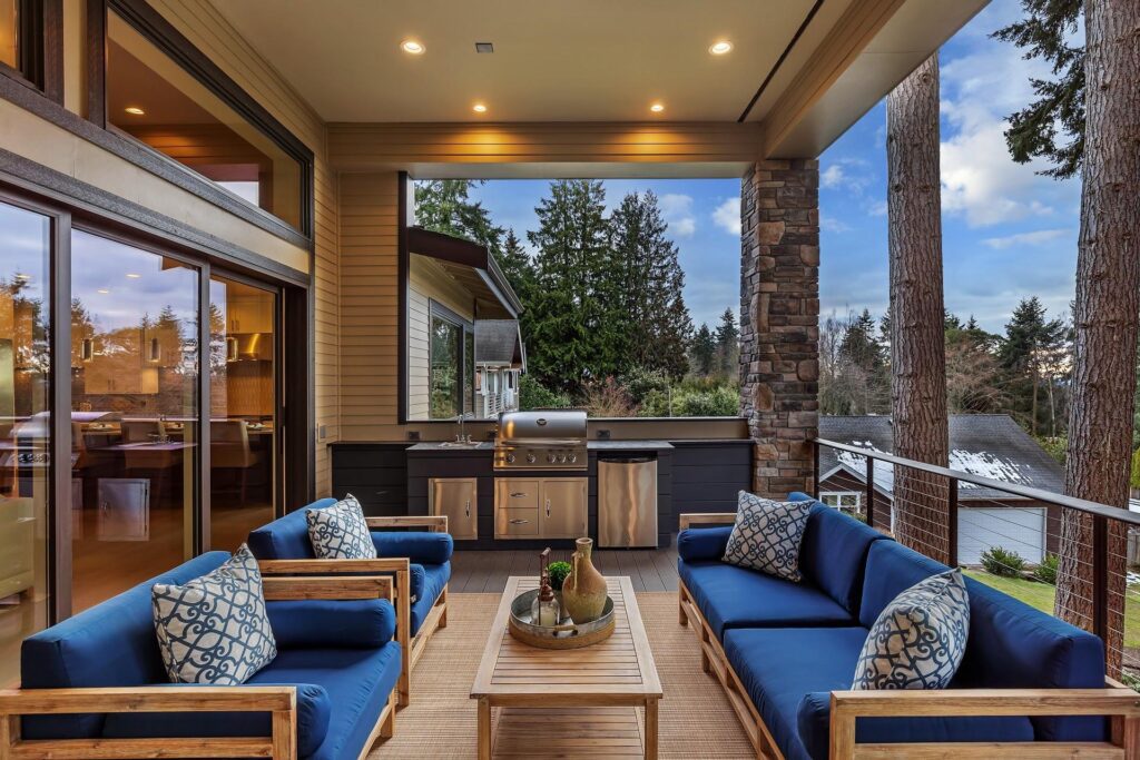 Outdoor Kitchen Design Covered outdoor kitchen on deck. Floor plan design by Seattle Architects from Architectural Innovations