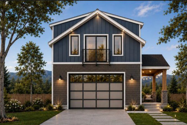 Modern two-story DADU with dark blue siding, large grid-style garage door, small balcony, lit exterior lights, and a porch on the right, surrounded by trees and landscaping. The design could easily accommodate a flexible DADU Floor Plan, making it ideal for multi-generational living or extra rental income. Mountains are visible in the background.
