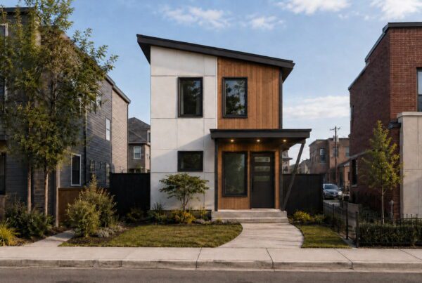 Modern two-story DADU with a slanted roof, wood and white exterior panels, large windows, and a small front yard with a curved sidewalk and landscaping—designed to maximize space with an efficient DADU floor plan.