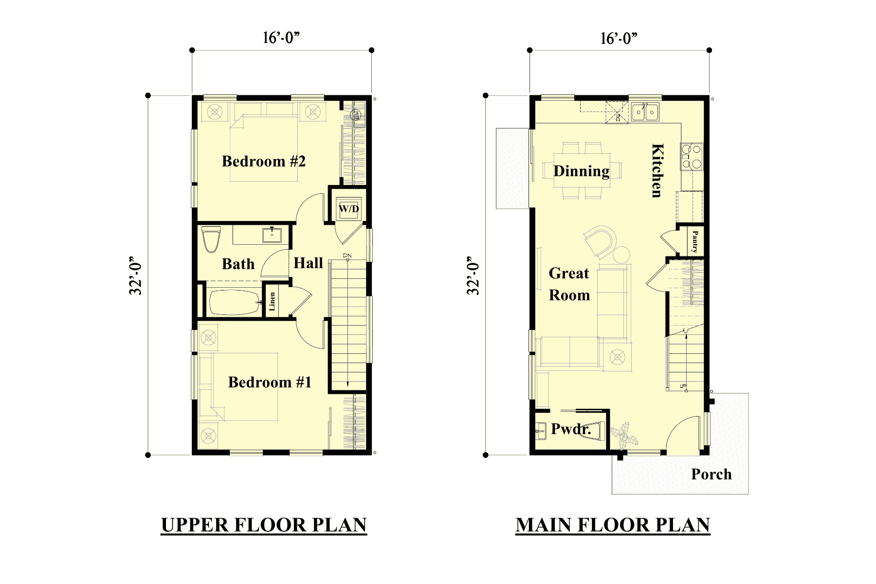 Two-story DADU floor plan: Main floor has porch, great room, dining, kitchen, powder room. Upper floor has two bedrooms, a bath, hall, and washer/dryer area. Each floor measures 16 by 32 feet.