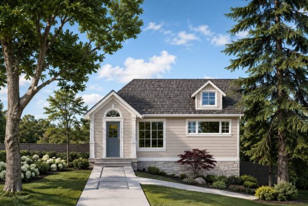 Small beige DADU with gray roof, white trim, and blue front door, designed with an efficient DADU floor plan. Surrounded by green trees, shrubs, and a neat lawn under a blue sky with scattered clouds. Concrete path leads to the entrance.