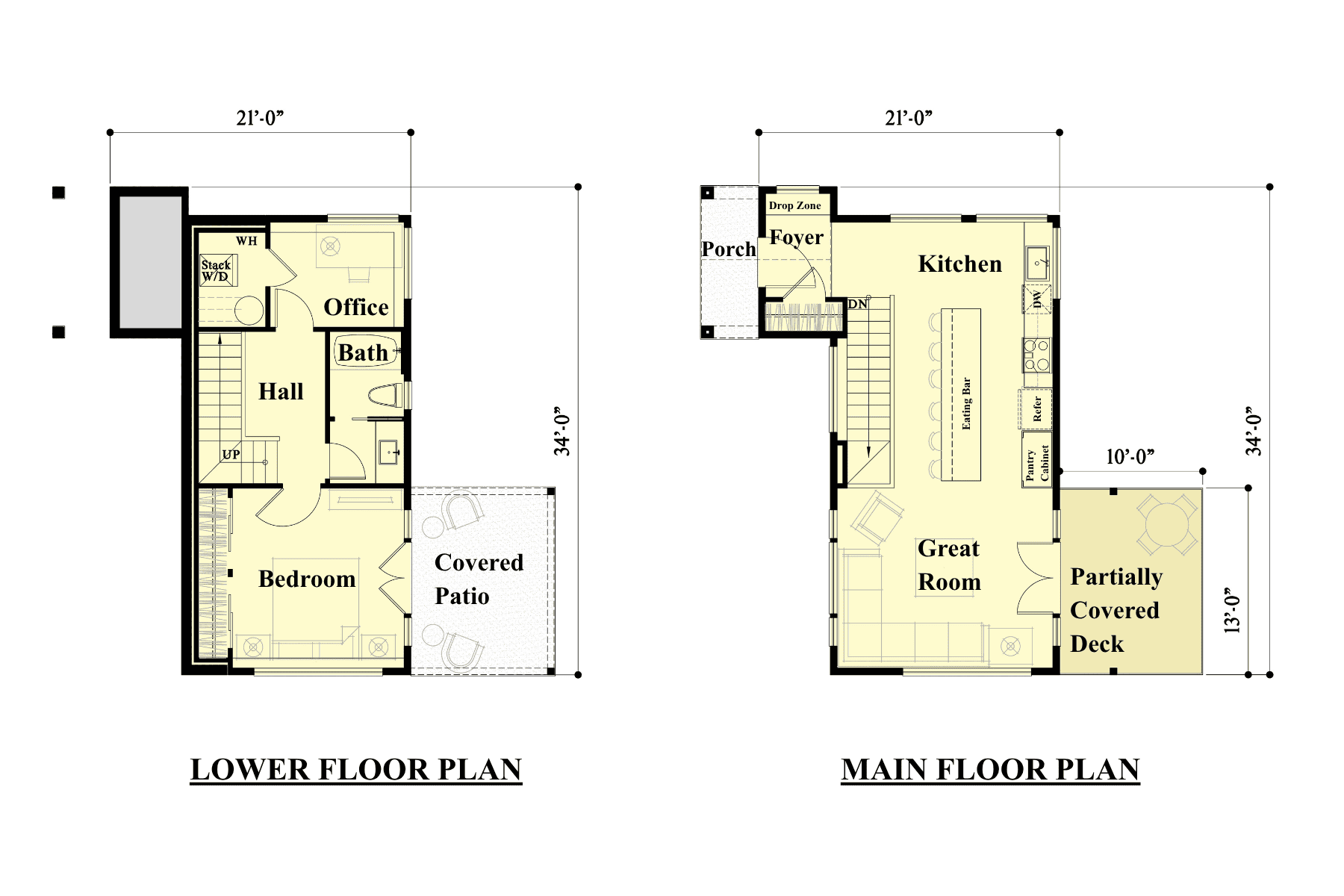 Two-story DADU floor plan showing a lower level with a bedroom, bath, office, hall, and patio; main floor has kitchen, great room, foyer, and partially covered deck. Dimensions and labels included.