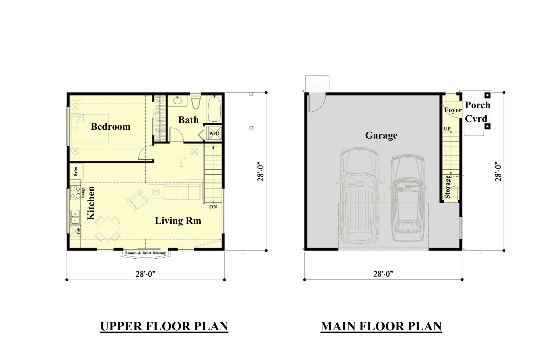 Two-floor DADU plan: Upper floor has a bedroom, bath, kitchen, and living room. Main floor shows a garage for two cars, porch, covered entry, and foyer with stairs up. Both floors are 28’ x 28’.