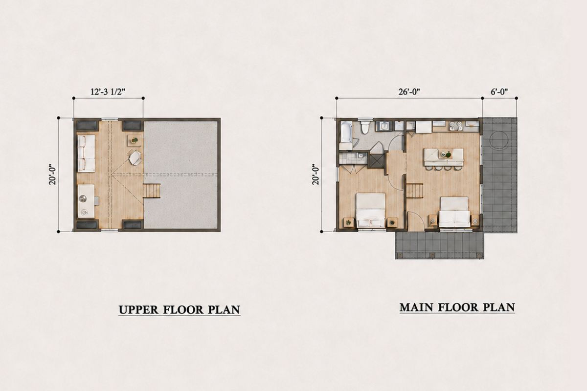 Two architectural DADU floor plans, including a DADU Floor Plan: the upper floor features two rooms and a hallway; the main floor shows a kitchen, living area, bathroom, two bedrooms, and a patio. Dimensions are marked on both plans.