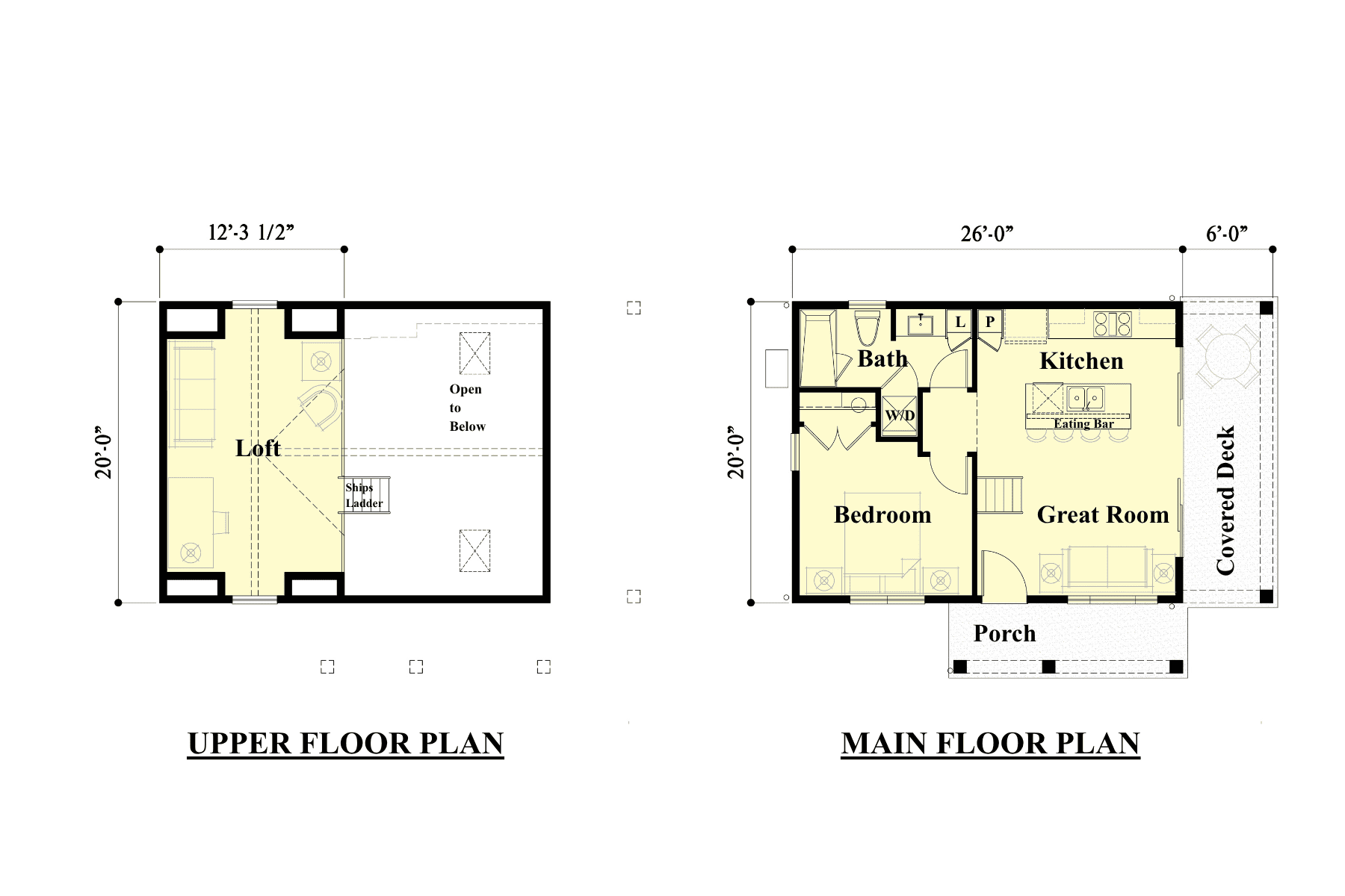 Two-floor DADU plan: Upper floor has a loft, open to below. Main floor has a bedroom, bath, kitchen, great room, porch, and covered deck. Main floor is labeled 26’ x 20’, upper floor is labeled 12’3 1/2” x 20’.