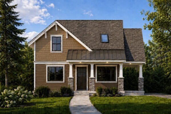 A brown two-story DADU with white trim, front porch supported by stone columns, gabled roof, and a well-kept lawn with trees and shrubs on a sunny day—this inviting home also features the versatility of a DADU floor plan for added living or workspace options.
