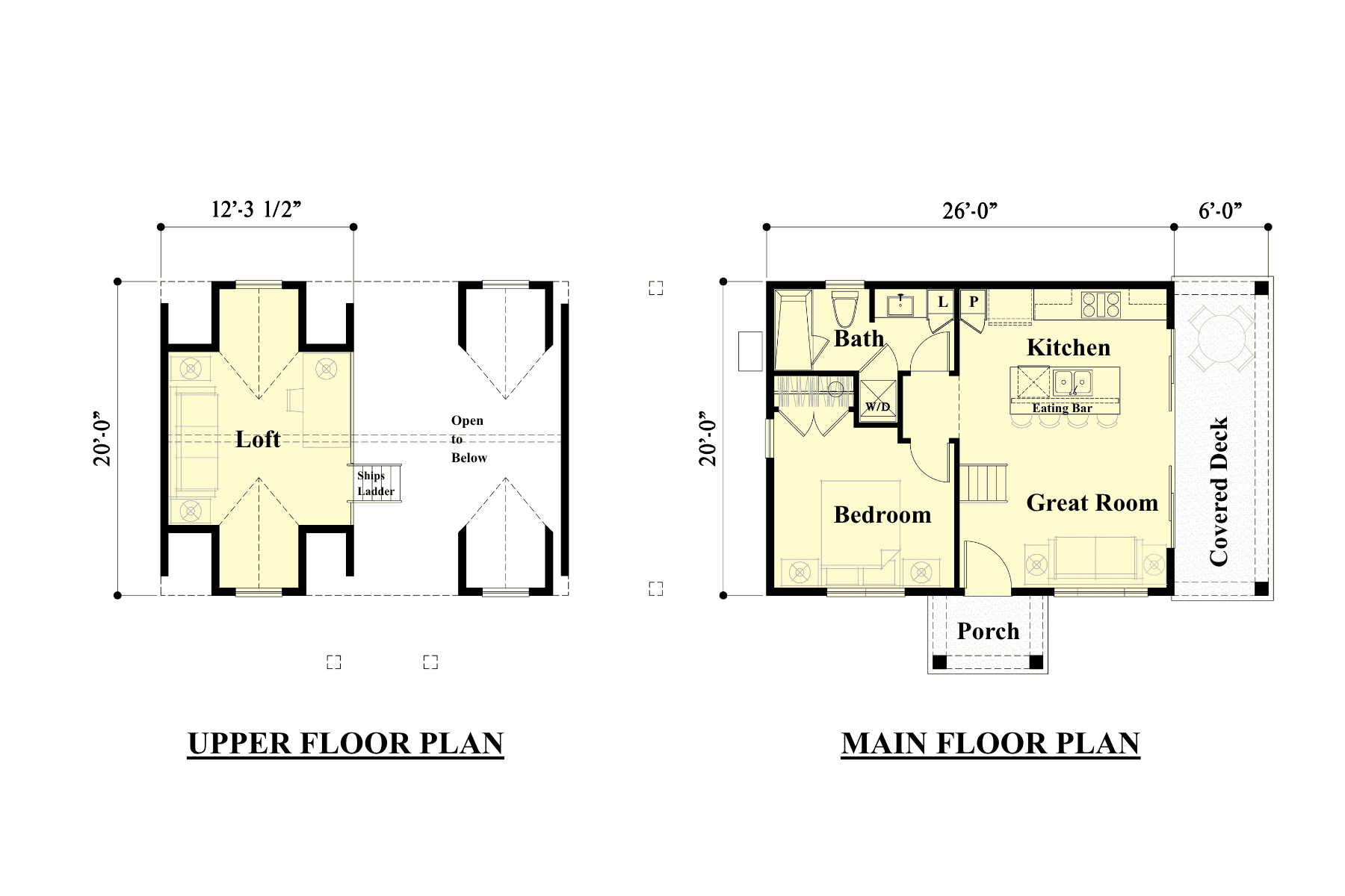 Main floor plan shows kitchen, bath, bedroom, great room, porch, and covered deck. Upper floor plan features a loft and open space below. Both plans display dimensions and room labels.
