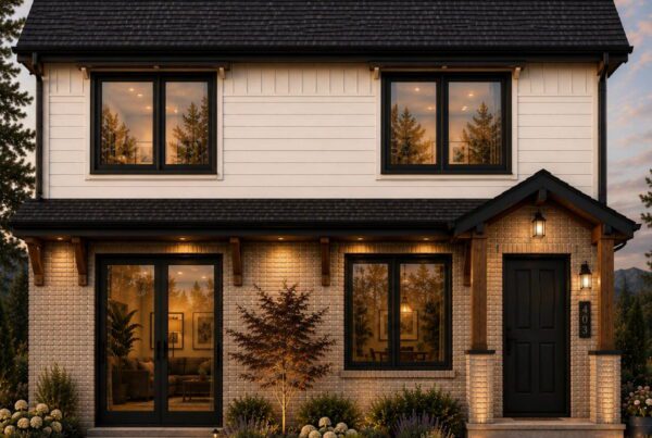 A modern two-story DADU with white siding, black trim, a dark roof, large windows, a black front door, and warm outdoor lighting. The landscaped yard features shrubs, flowers, and a stone walkway. Thoughtfully designed with a versatile DADU floor plan, this home combines contemporary style with flexible living options.