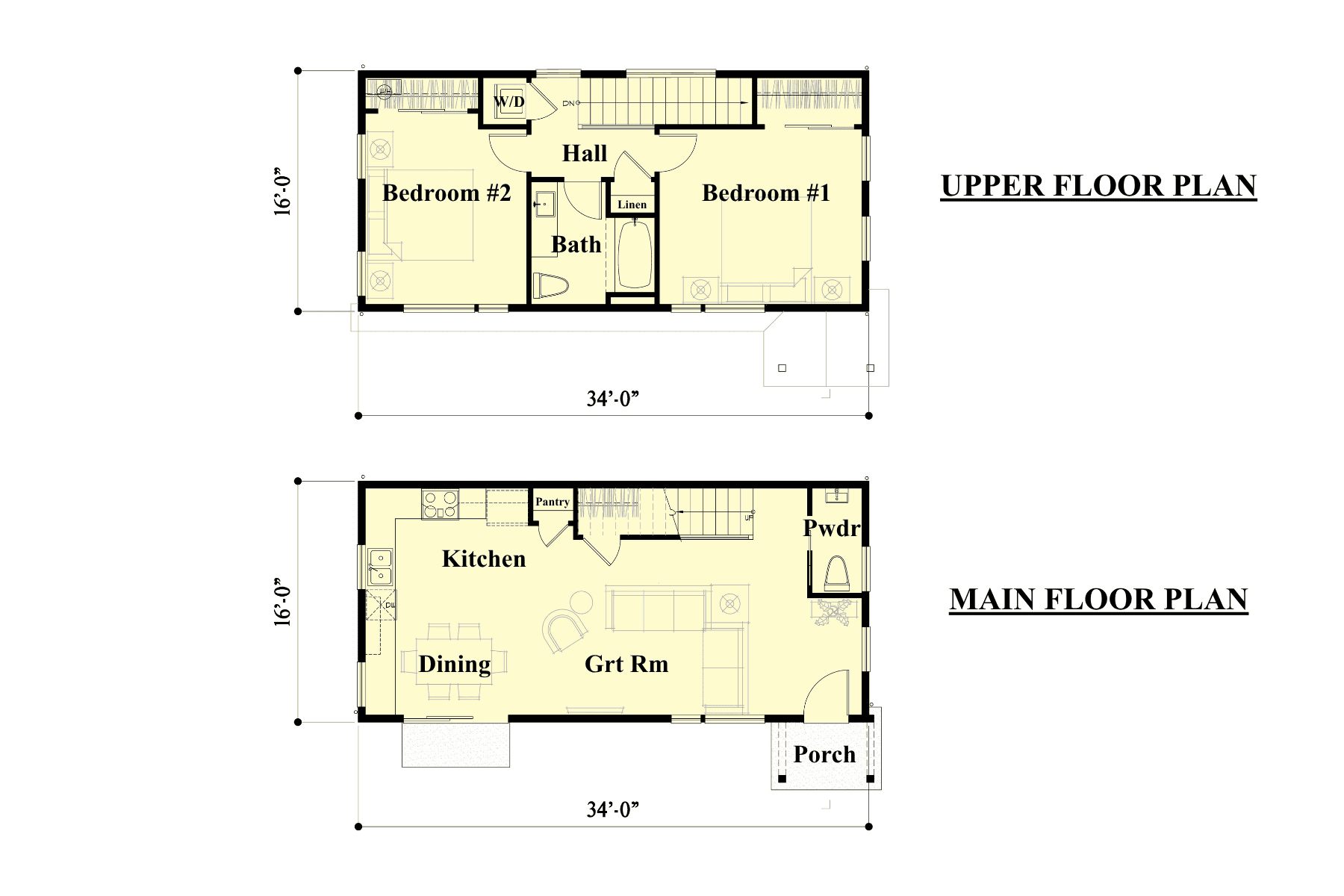 Two-story DADU floor plan showing main floor with porch, great room, dining, kitchen, pantry, and powder room; upper floor with two bedrooms, hall, bath, laundry, and linen closet.