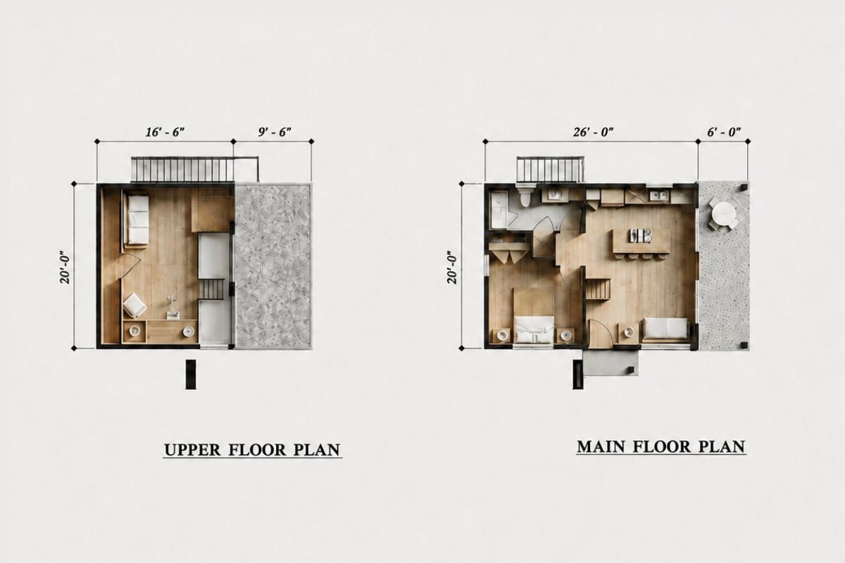 Two thoughtfully designed DADU floor plans: the upper floor features two beds and comfortable seating, while the main floor includes a kitchen, dining area, living space, stairs, and a bathroom. Dimensions and furniture layouts are clearly visible for both floors.