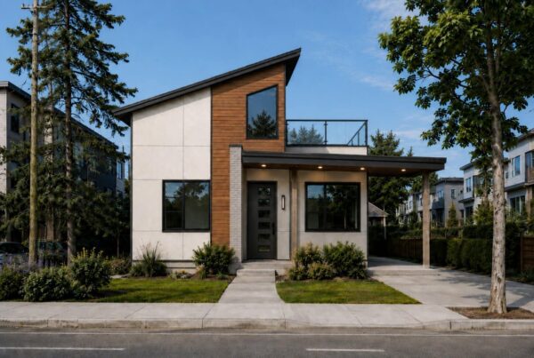 Modern two-story DADU with large windows, slanted roof, wood and white exterior, front porch, and a small yard with trees and shrubs, set on a quiet suburban street—designed with a thoughtful DADU floor plan for optimal space and flexibility.