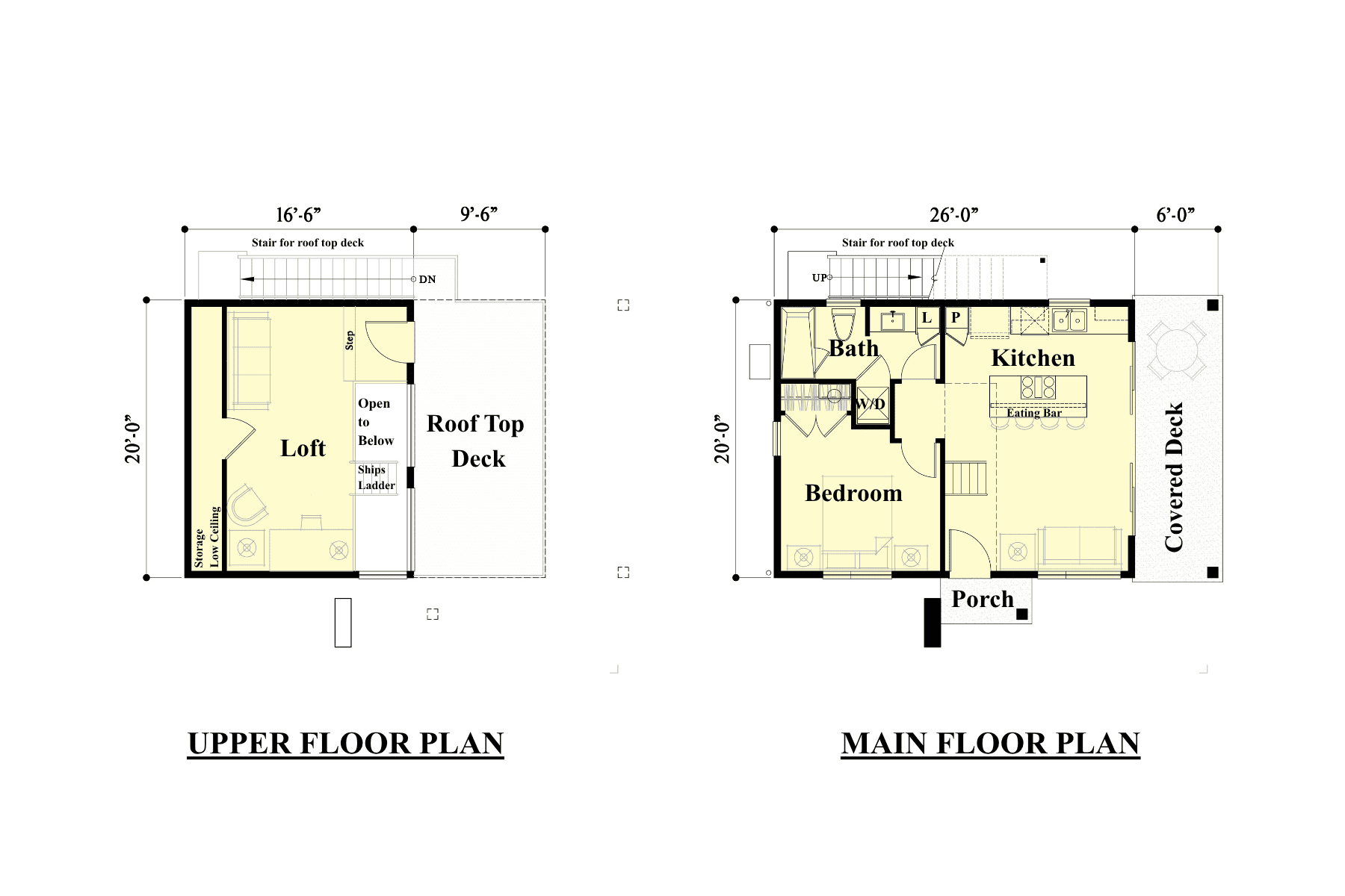 Two floor plans: Upper floor has a loft and rooftop deck; main floor shows a bedroom, bath, kitchen, living area, and covered deck. Both plans include a staircase. Dimensions and labels are shown.