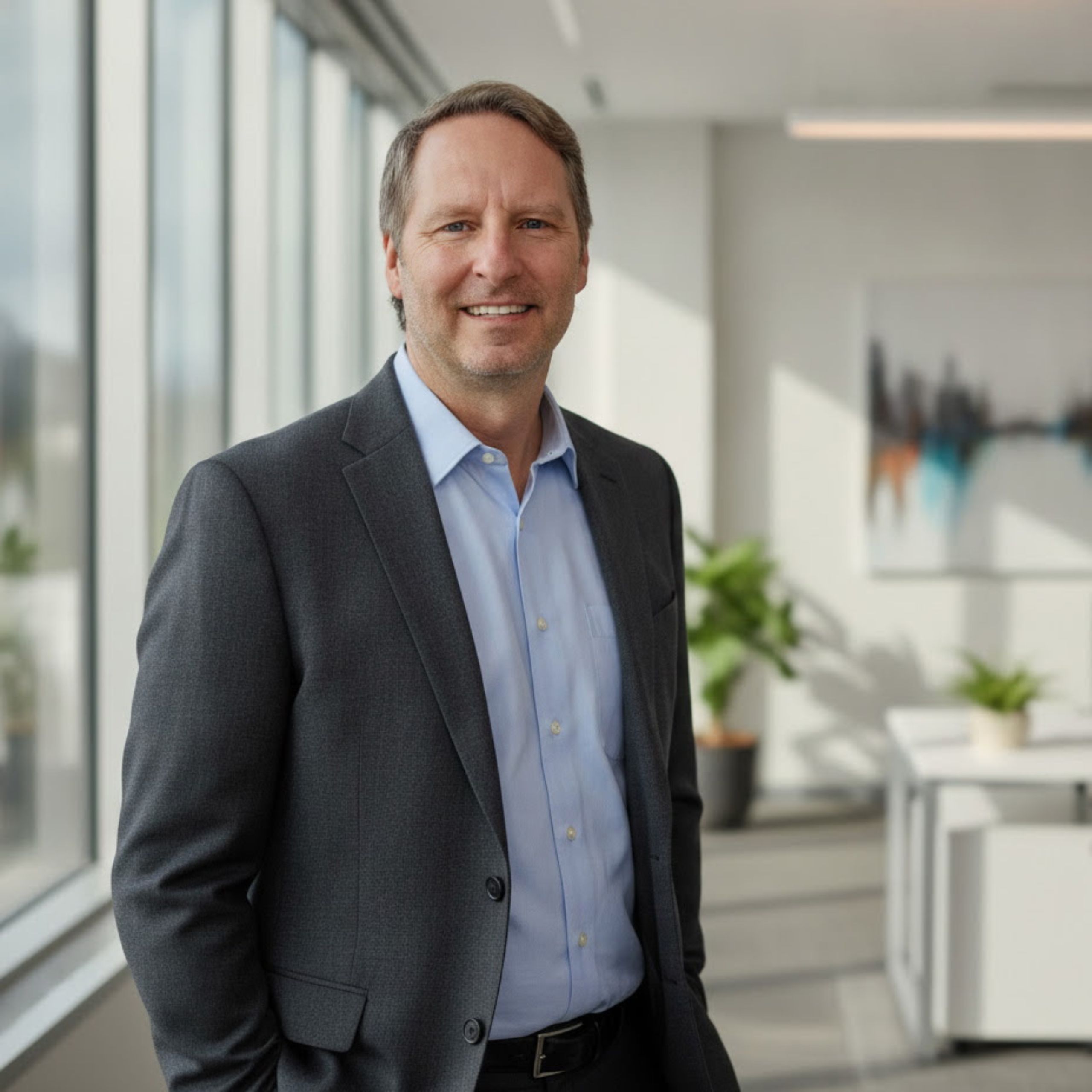 Wade Damey A man in a suit stands smiling in the modern office of an architecture firm, with large windows, plants, and abstract art on the wall in the background.