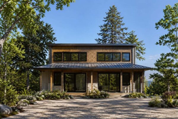 Modern two-story DADU with large windows, a metal roof, and a wide front porch, thoughtfully designed with a DADU floor plan and surrounded by trees and landscaped garden under a clear blue sky.