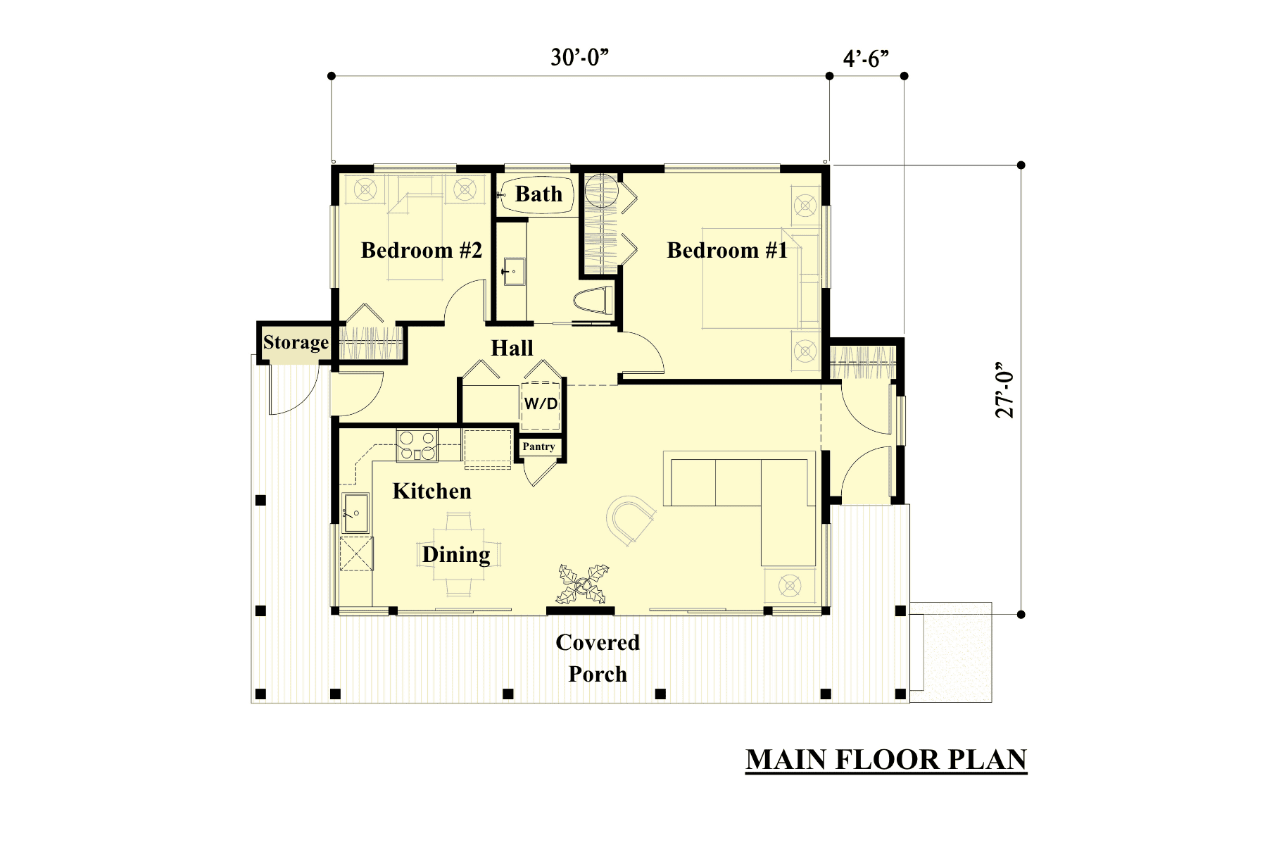 Main floor plan showing two bedrooms, one bath, kitchen, dining, living area, hall, washer/dryer, pantry, storage, and a covered porch. The house measures 30 feet by 27 feet.