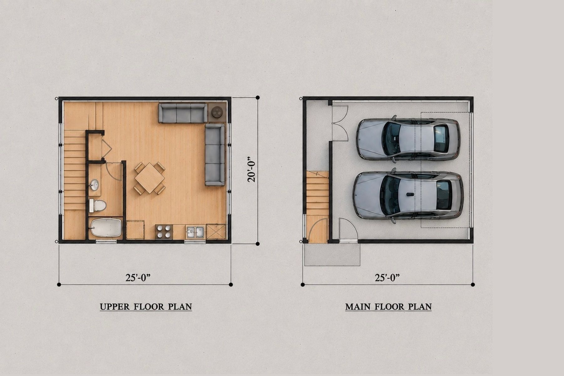 Two-floor DADU plan: the main floor features a two-car garage and stairs; the upper floor includes a kitchen, dining area, living room, bathroom, and bedroom area. Dimensions are 25 x 20 for both floors.