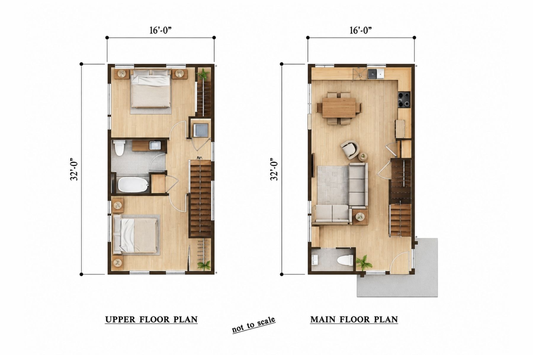 Two-floor DADU layout: upper floor has two bedrooms and a bathroom; main floor has living, dining, kitchen areas, and entry. Both floors show stairs and labeled measurements: 16x32. Not to scale noted at bottom center.