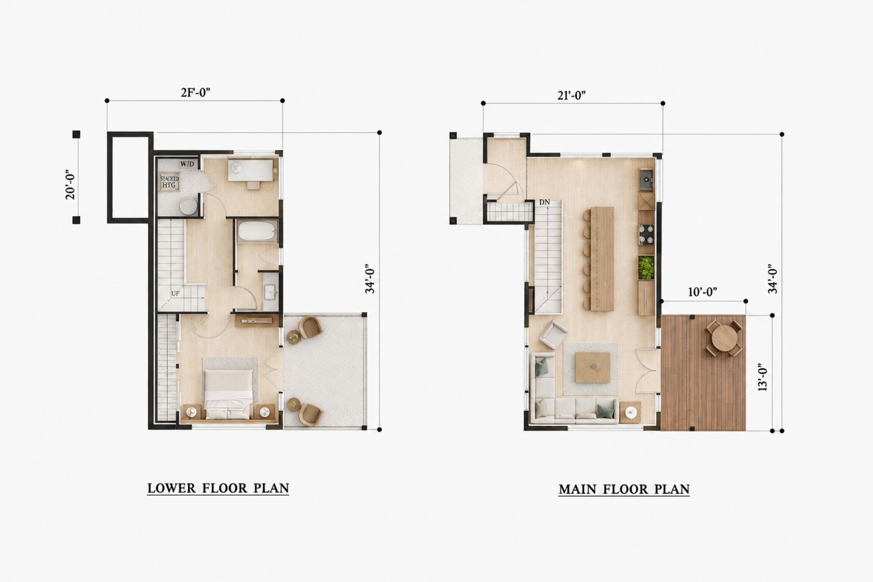 Two-floor DADU plan: Lower floor with bedroom, bathroom, and laundry; main floor with kitchen, dining, living area, balcony, and patio. Dimensions marked.