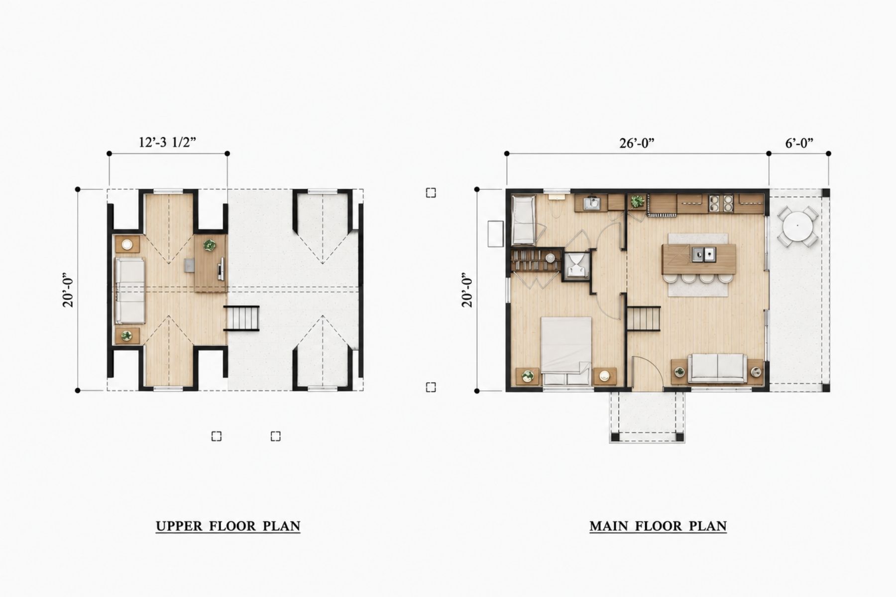 Two-floor DADU plan: main floor has kitchen, dining, living area, bedroom, and bathroom; upper floor has two rooms and open space. Dimensions and furnishings shown.