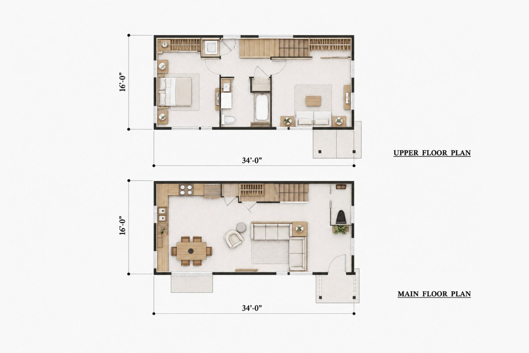 Two-floor DADU plan: main floor has a kitchen, dining area, living room; upper floor has a bedroom, bathroom, and lounge area. Both floors are 34 feet by 16 feet.