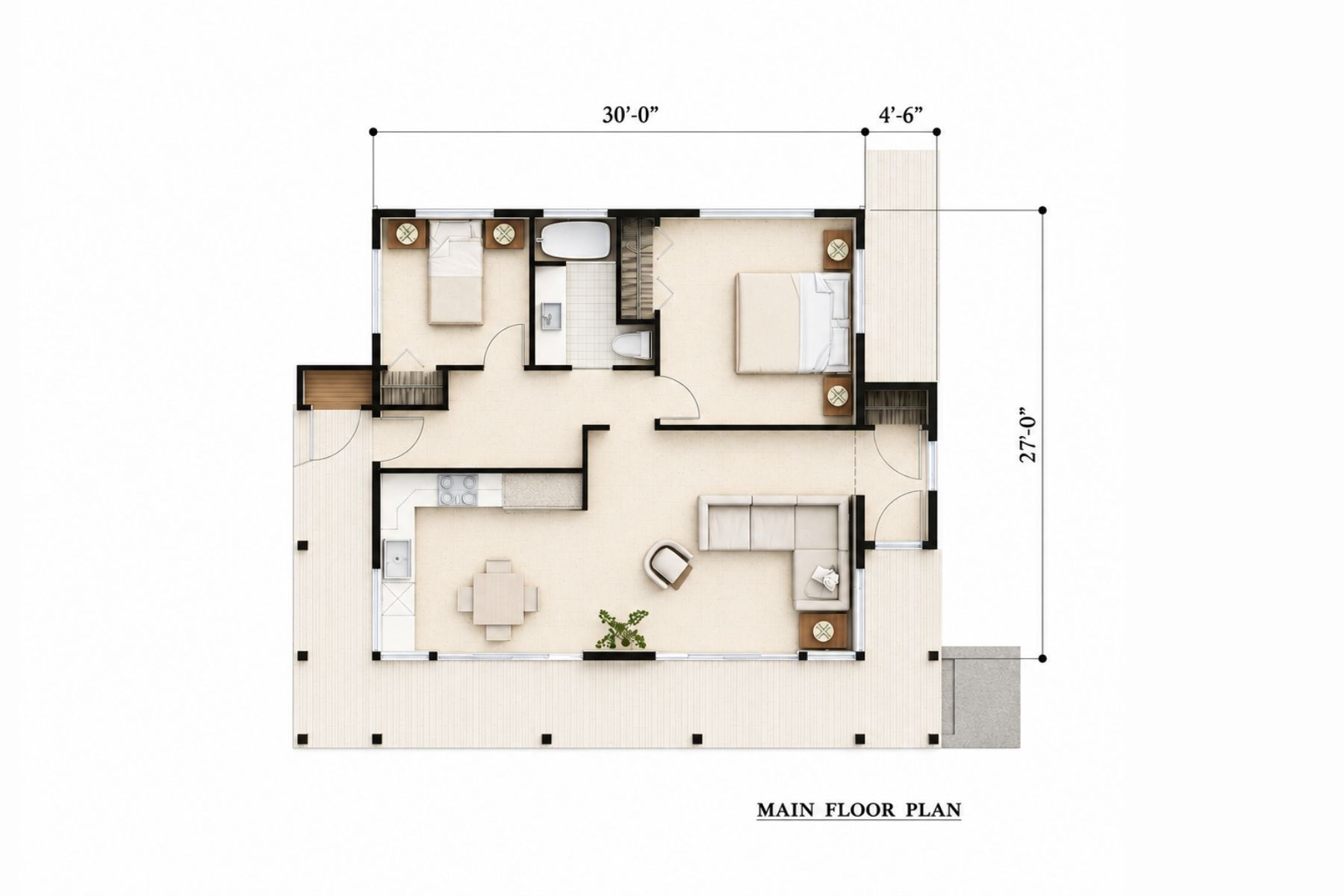 Main DADU floor plan showing two bedrooms, a bathroom, kitchen, dining, and living areas. Dimensions are 30 by 27 feet. Doors and windows are visible; stairs are placed near the bedrooms.